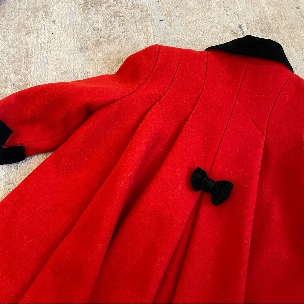 Rothschild Vintage Classic Red Christmas Coat Black Velvet Trim and Bows Accents